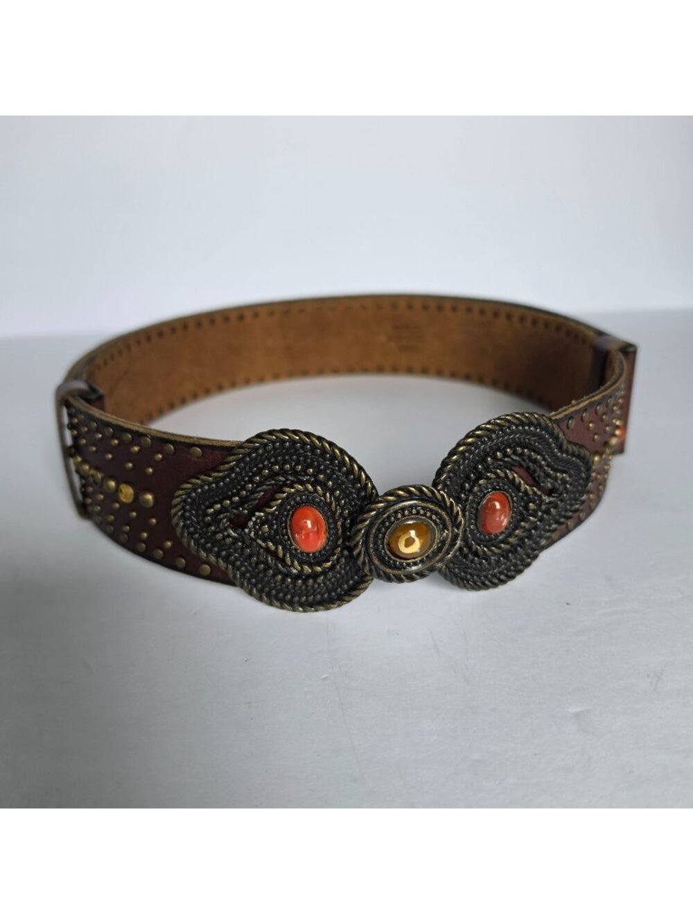 Vintage Brown Leather Studded Belt L-XL Orange Cabochon Boho Western Statement